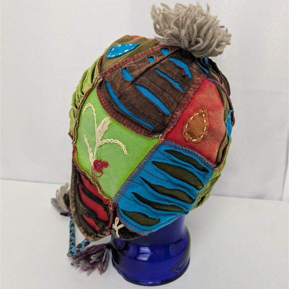 Handmade Patchwork Pom Pom Tassel Earflap Beanie Made in Nepal - Picture 4 of 8